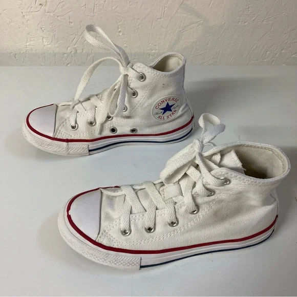 Converse Chuck Taylor All Star White Canvas High-Tops with Red and Blue Accents - Picture 1 of 16